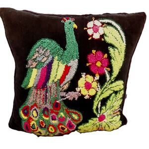 Vintage Black Velvet Punch Work Colorful Peacock And Flowers Throw Pillow